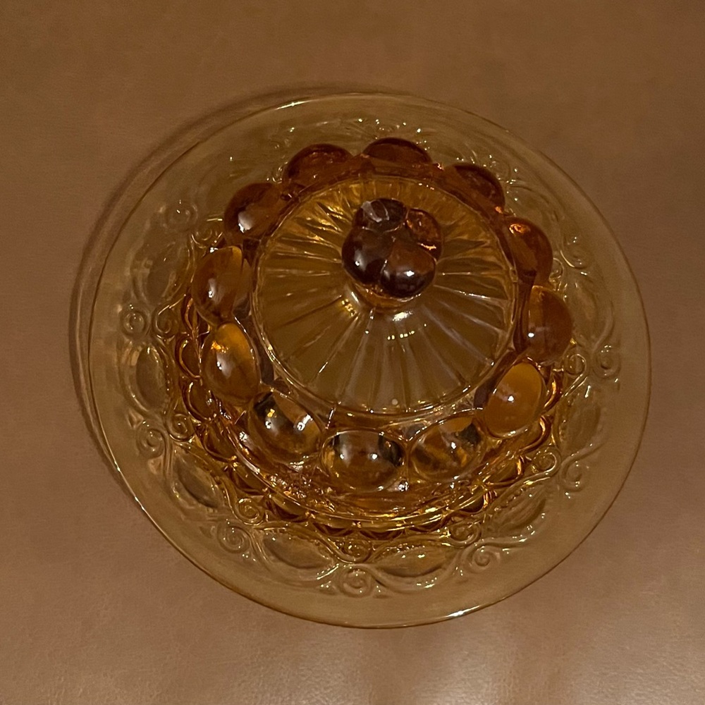 Vintage Mosser Amber Glass Butter Dish EAPG Eye Winker Dome Lid
